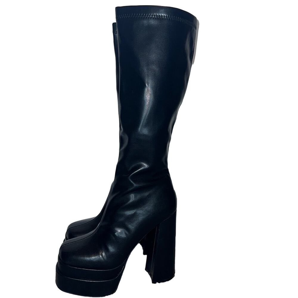 Knee High Vegan Black Leather Platform Zip Closure Boot Size 8 goth halloween